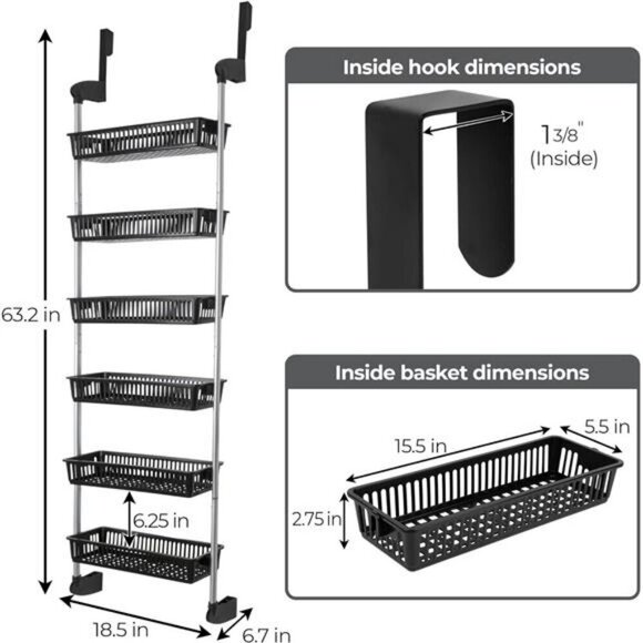 Over the Door Organizer Rack Storage Shelf Pantry Bathroom Closet with Baskets - Picture 3 of 7